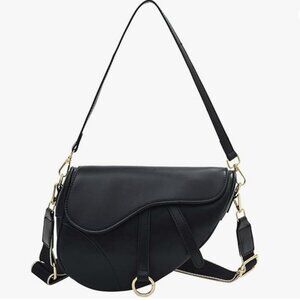 Black Faux Leather Saddle Shoulder Bag with Strap